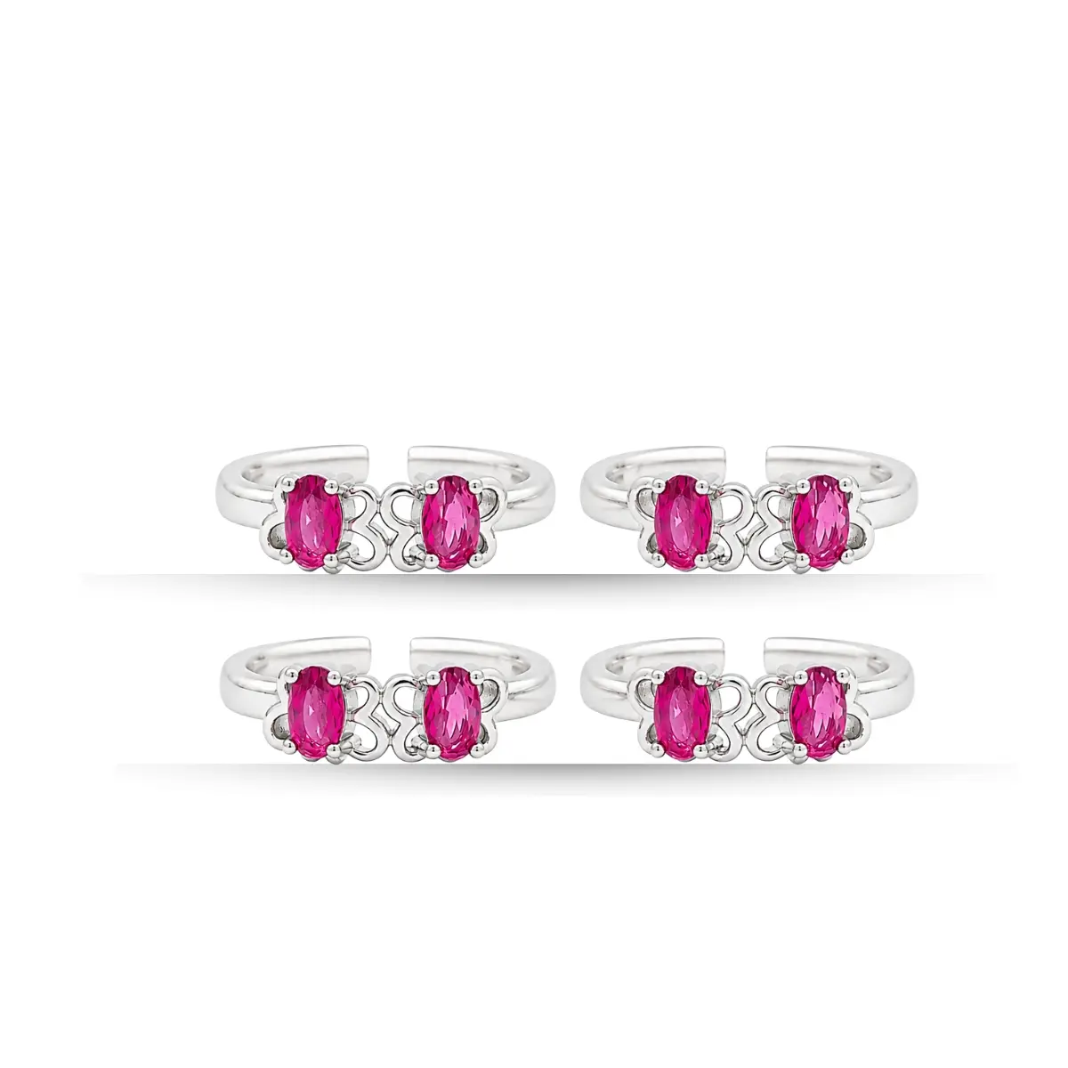 925 Sterling Silver Toe Ring Pair Of 2 Pink Stone Elegant Design For Women